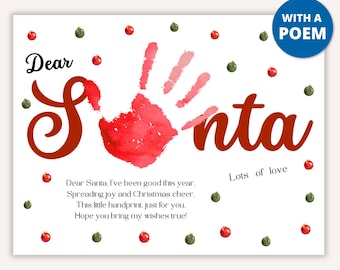 May include: Printable Christmas card with a red handprint and the text "Dear Santa" and "Lots of love". The card is decorated with red and green ornaments.