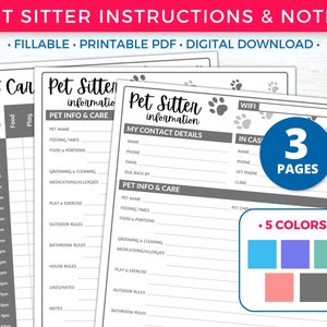 Pet Sitter Instructions for Pet Sitter Notes, Pet Sitter Form, Pet Sitter Planner, Pet Care Planner Printable, Pet Sitter Templates and Pet Sitting