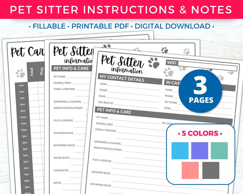 Pet Sitter Instructions for Pet Sitter Notes, Pet Sitter Form, Pet Sitter Planner, Pet Care Planner Printable, Pet Sitter Templates and Pet Sitting