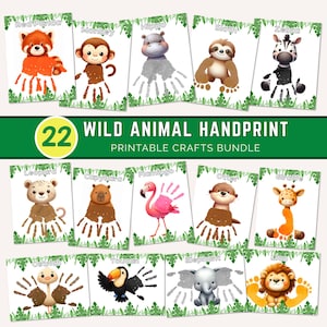 May include: A 22 wild animal handprint printable crafts bundle featuring illustrated animals like a red panda, monkey, hippo, sloth, zebra, leopard, capybara, flamingo, otter, giraffe, ostrich, toucan, elephant, and lion with green leaf borders.