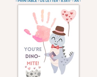 Dinosaur Valentines Handprint Printable Craft, Valentines Day Craft Activity, Handprint Art, Mom Dad Grandparent Gift from Kids Toddler Baby