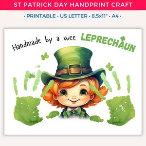 St Patricks Day Handprint Craft, Printable Leprechaun Handprint Art for Kids Toddler Baby, Preschool Daycare Activity Keepsake Gift A