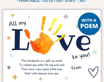 Love Handprint Art Printable Craft, Valentines Day Handprint Craft Activity, Mom Dad Grandparent DIY Gift from Kids Toddler Baby, Preschool