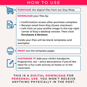 May include: A pink and white infographic with instructions on how to use digital files purchased from an Etsy shop. The steps include purchasing, downloading, printing, and customizing the files. Text includes "How to Use" and "Digital Download".