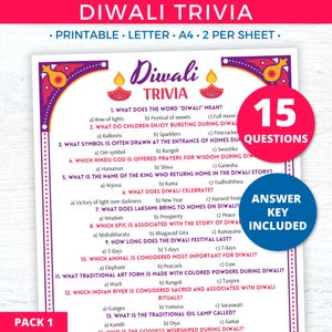 Juego de trivia de Diwali para imprimir, juegos de preguntas y respuestas para fiestas de Diwali para niños y adultos, divertido juego de Diwali, juegos indios Desi, actividades, trivia, ideas para Diwali