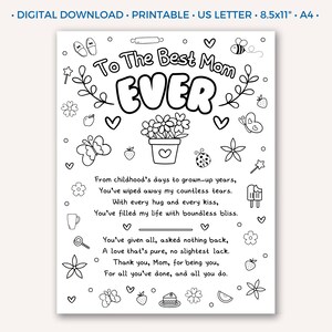 Beste Mutter aller Zeiten Malseite zum Ausdrucken, Muttertagsgeschenk für Kinder, Muttergedicht, ich liebe meine Mutter Geburtstagsgeschenke, Geschenk für Mutter