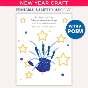 Happy New Year Handabdruck Craft Bundle, Neujahr Handabdruck Art Printable für Kleinkind Kinder Baby, Winter Handabdruck Geschenk Vorschule Kindertagesstätte