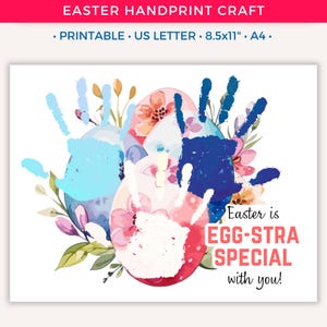Manualidades con huellas de manos de huevos de Pascua, manualidades imprimibles para niños, recuerdos para niños pequeños, divertidas actividades de Pascua, manualidades con huellas de manos para guarderías preescolares