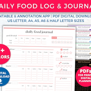 Daily Food Log Printable, Calorie Tracker, Macro Tracker, Food Tracker Journal Diary Diet Planner, Health Weight Loss Journal Tracker Insert
