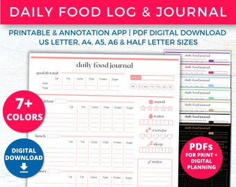 Daily Food Log Printable, Calorie Tracker, Macro Tracker, Food Tracker Journal Diary Diet Planner, Health Weight Loss Journal Tracker Insert