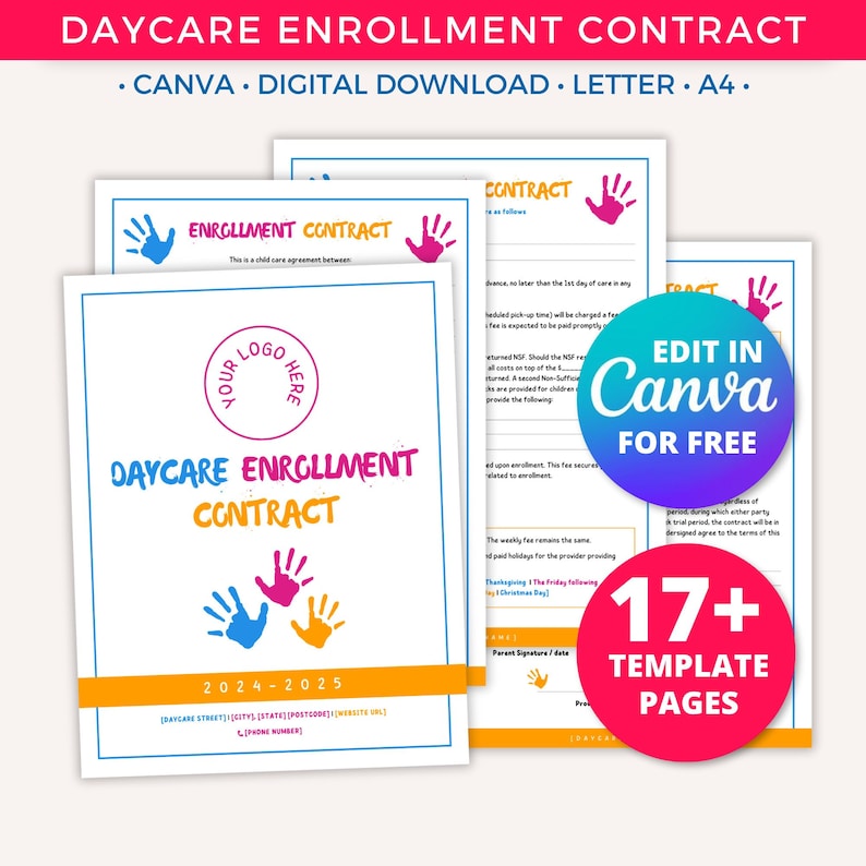 In Home Daycare Forms, Childcare Enrollment Forms, Daycare Contract Policy Handbook, Daycare Printables Editable Canva Template, Preschool