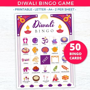 Karty do druku Diwali Bingo, rodzinne Diwali Bingo, gry Desi Indian dla dzieci i dorosłych, Diwali Bingo Party Activity Office Classroom Fun Game