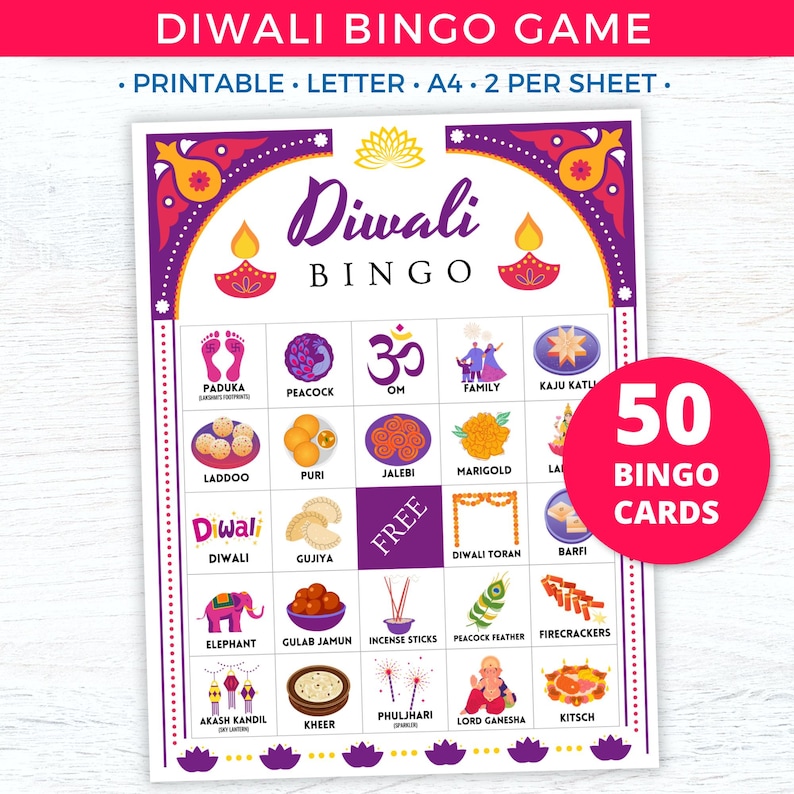 Diwali Bingo Cards Printable, Diwali Party Games for Kids Adults
