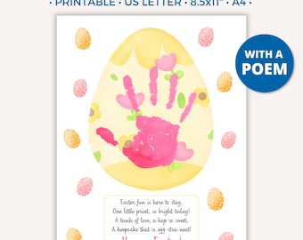 May include: Printable Easter craft with a poem. A yellow egg with a pink handprint inside. The egg is surrounded by yellow and pink speckled eggs. The poem reads: "Easter fun is here to stay, One little print, so bright today! A touch of love, a hop so sweet, A keepsake that is egg-stra neat! Happy Easter!"