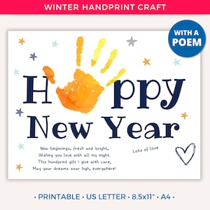 Frohes neues Jahr Handabdruck Handwerk, Neujahr Handabdruck Kunst für Kleinkind Kinder Baby, Winter Handabdruck Geschenk Vorschule Kindertagesaktivität