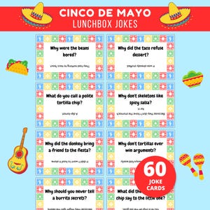 May include: A set of 60 Cinco de Mayo lunchbox joke cards. The cards feature colorful borders and humorous jokes. The image includes festive illustrations of a sombrero, maracas, and a guitar.