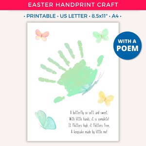 Arte con huellas de manos de Pascua, manualidad imprimible para niños, recuerdo para niños pequeños, actividades divertidas de Pascua, arte con huellas de manos de mariposas, manualidad de Pascua para niños