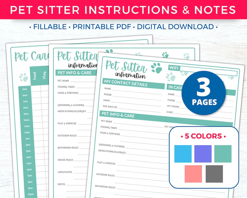 Pet Sitter Instructions for Pet Sitter Notes, Pet Sitter Form, Pet Sitter Planner, Pet Care Planner Printable, Pet Sitter Templates and Pet Sitting
