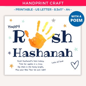 Handafdruk Rosj Hasjana, afdrukbare ambacht, Shana Tova-handafdrukkunst, Joods nieuwjaarsgedicht cadeau van kinderen peuter baby, kinderdagverblijf