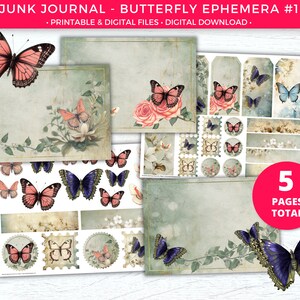 Butterfly Junk Journals, Scrapbooking Digital Download Printable Kit, Handmade Card Making Ephemera, Green Witch, Vintage Botanical Garden