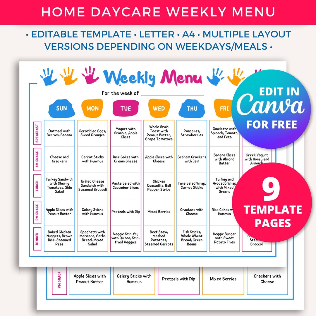 Editable Daycare Weekly Menu Template Daycare Daily Schedule For Menu Editable Daycare Weekly Menu Template Daycare Daily Schedule For Menu