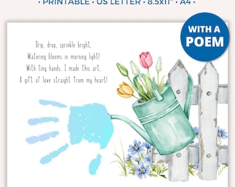 May include: A printable Easter handprint craft featuring a blue handprint, a watering can with flowers, and a white picket fence. The image includes a poem and text that reads "Easter Handprint Craft". The paper size is 8.5x11 inches.