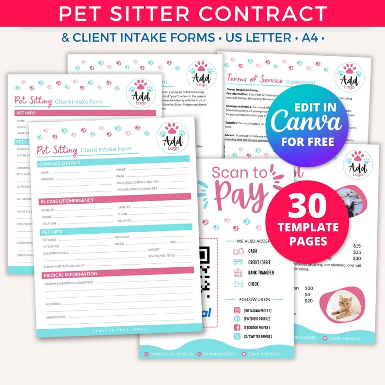 Pet Sitter Contract Agreement & Client Intake Forms for a Pet Sitting Business