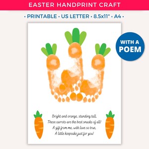 Easter Footprint Art Craft, Easter Bunny Carrots, Spring Handprint, DIY Printable Crafts for Kids Baby Toddler Daycare Classroom Activity B