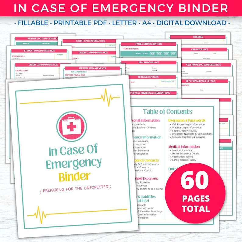 Printable and fillable PDF of Family In Case of Emergency Binder, Just In Case Binder, What If Binder, End of Life Planner, Legacy Plan Organizer