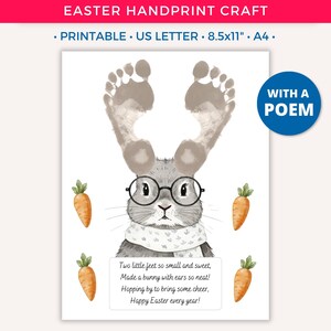 Easter Handprint Art Craft, Easter Bunny Footprint, Spring DIY Printable Crafts for Kids Baby Toddler Daycare Preschool Classroom Activity B