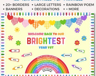 Welcome Back To School Bulletin Board Kit, Printable Bright Rainbow Classroom Decor, Borders Letters, Daycare Preschool Kindergarten B