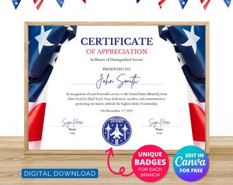 May include: A framed certificate of appreciation with a wooden frame, featuring the American flag design. The certificate text reads "Certificate of Appreciation" and includes the recipient's name, John Smith. The image also includes text that says "Digital Download" and "Try before you buy".
