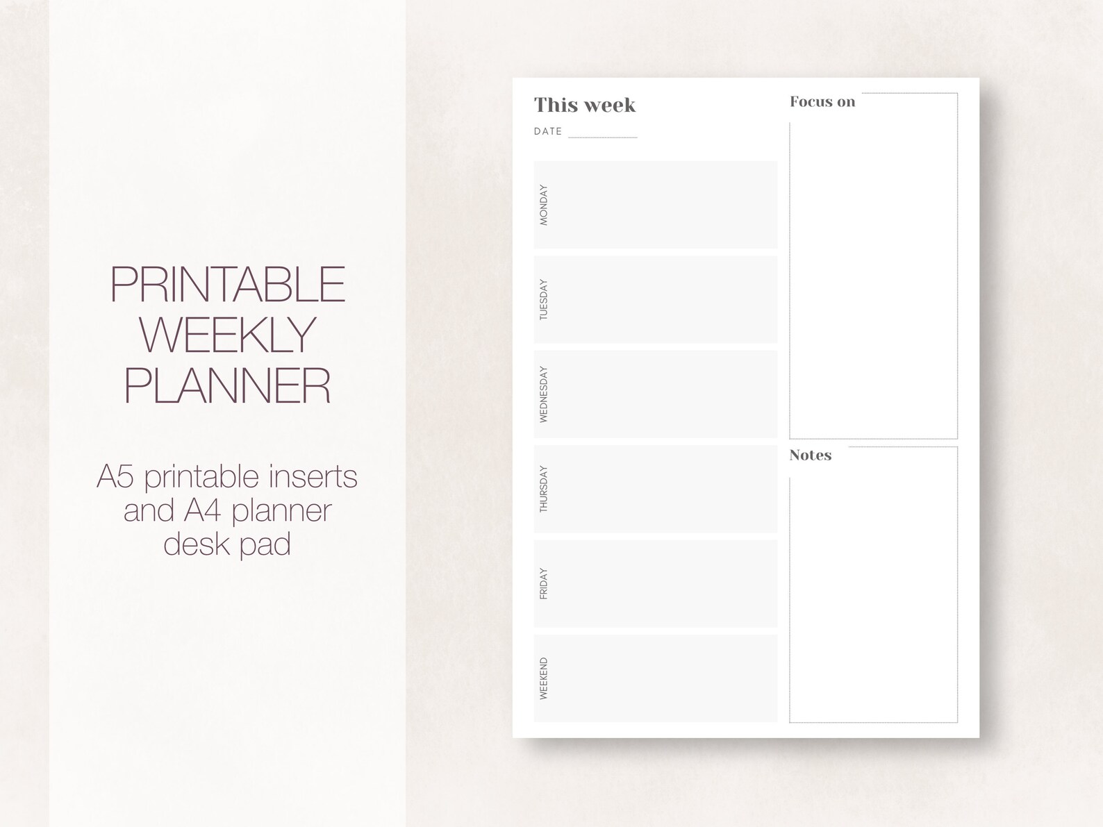 A5 Weekly Planner Printable Inserts and A4 Desk Weekly Planner Instant ...