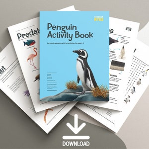 Peut inclure: Un livre d'activités sur les pingouins bleu et blanc avec le titre "Penguin Activity Book" et le sous-titre "An intro to penguins with fun activities for ages 4-6". Le livre est ouvert pour révéler une page avec une illustration colorée d'un pingouin.