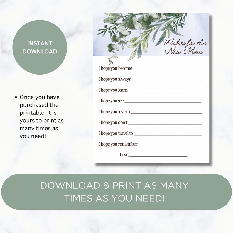 Printable wishes for the New Mom Baby Shower Game, Sentimental Keepsake