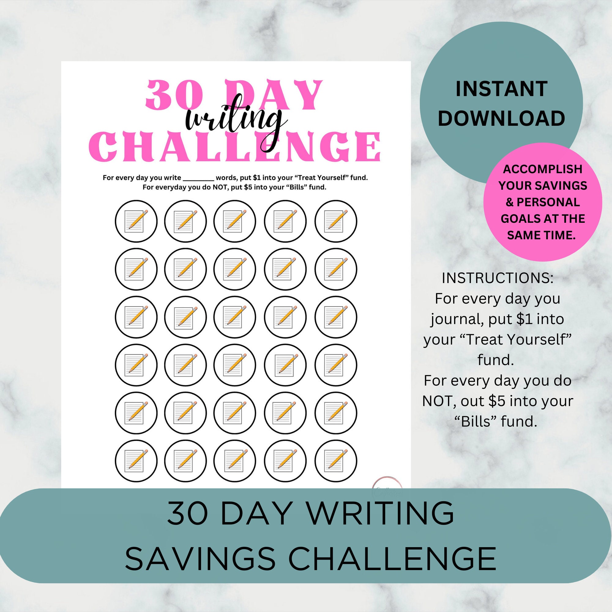 Printable 30 Day Writing Savings Challenge Nanowrimo Habit - Etsy