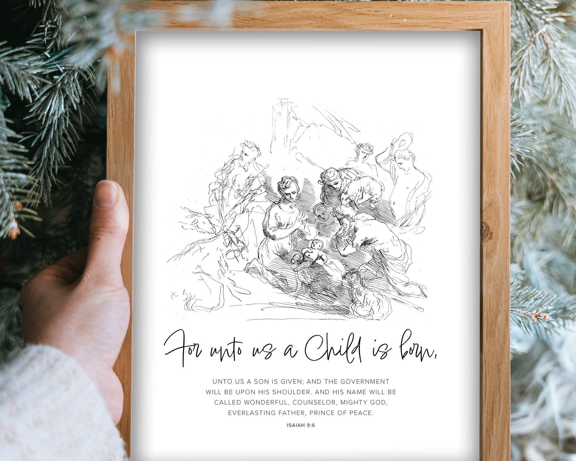 Isaiah 9:6 for Unto Us a Child is Born Christmas Scripture Wall Art  Printable, Names of Jesus Bible Verse Print, Natural Pine Holiday Décor 