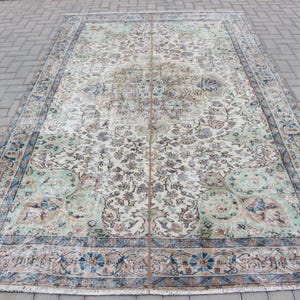 Vintage Turkish Rug, Large Wool Carpet, Antique Floral Design, Handmade Area Rug, 6x10ft, Beige and Blue Tones, Living Room Decor, 3128