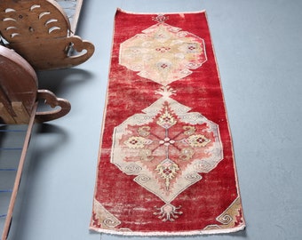 Small Carpet, Vintage Rug, Turkish Rug, Home Decor Carpet, 25x58 inches Red Rug, Wool Kitchen Rug, Outdoor Rug, Bedroom Rug,  3703