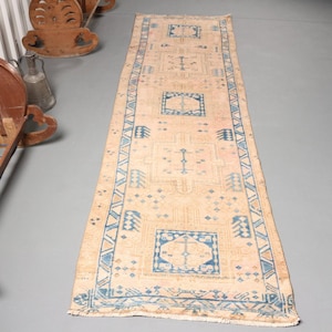 Vintage Turkish Runner Rug, 3x10ft, Beige and Blue Geometric Patterns, Handmade Wool Carpet, Authentic Anatolian Design