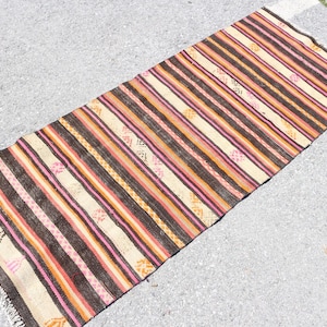 Turkish Runner Rug, Vintage Kilim, Oushak, 77x202cm, 3x7ft, Handmade Wool Carpet, Striped Hallway Runner, Boho Chic Decor, Anatolian Rug