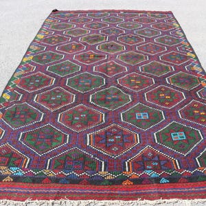Vintage Turkish Kilim Rug, Handwoven Area Carpet, Geometric Design, 203x336cm, 7x11ft, Bohemian Home Decor, Unique Ethnic Floor Art