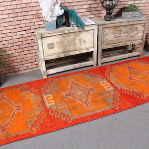 Vintage Rug, Herki Rug, Runner Rugs, Turkish Rug, Antique Rug, Rugs For Stair, 3x10.6 ft Red Rug, Hallway Rugs, Wool Runner Rug,  5829