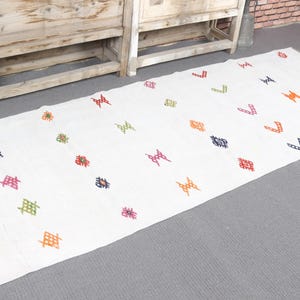 Flat Weaving Kilim, Hemp Rug, Patterned Rug, Runner Rug, Vintage Rug, Turkish Rug, Stair Rug, Rugs For Corridor, 3x7.7 ft White Rug, 6034
