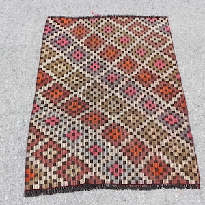 Vintage Turkish Kilim Rug, Geometric Design, 84x113cm, Small Area Carpet, Multicolor Handmade, 3x4ft, Bohemian Decor, Anatolian Wool Rug