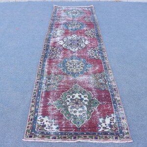 Turks vintage vloerkleed 2,9 x 11 ft, loper, rood patchwork vloerkleed