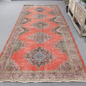 Alfombra turca, alfombra vintage de 1,5 x 3,88 m, alfombra de lana con lunares rojos y azules.
