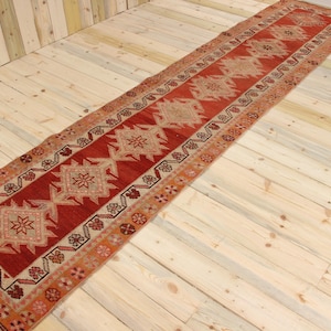 2.8x12.2 ft Turkish Vintage Rug, Runner Rug, Red Orange Bordered Wool Rug