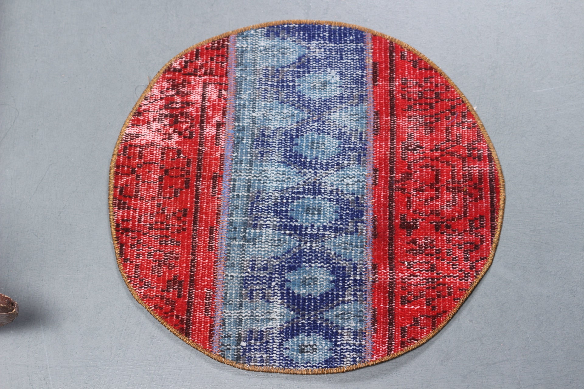 Petit Tapis, Tapis Turc, Vintage, Rond, Rouge 21x21 Pouces, de Bureau, Petit Cuisine en Laine, 4225