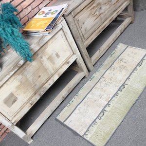 Alfombra turca vintage de 48 x 96 cm (1,6 x 3,2 pies), alfombra de patchwork gris y azul.